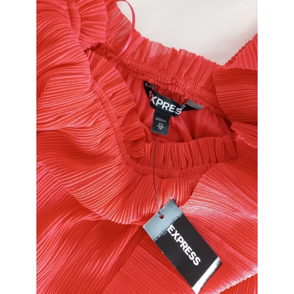NWT Express Off The Shoulder Ruffle Dress Midi Micro Pleat Chiffon Coral Size XS - Picture 9 of 9